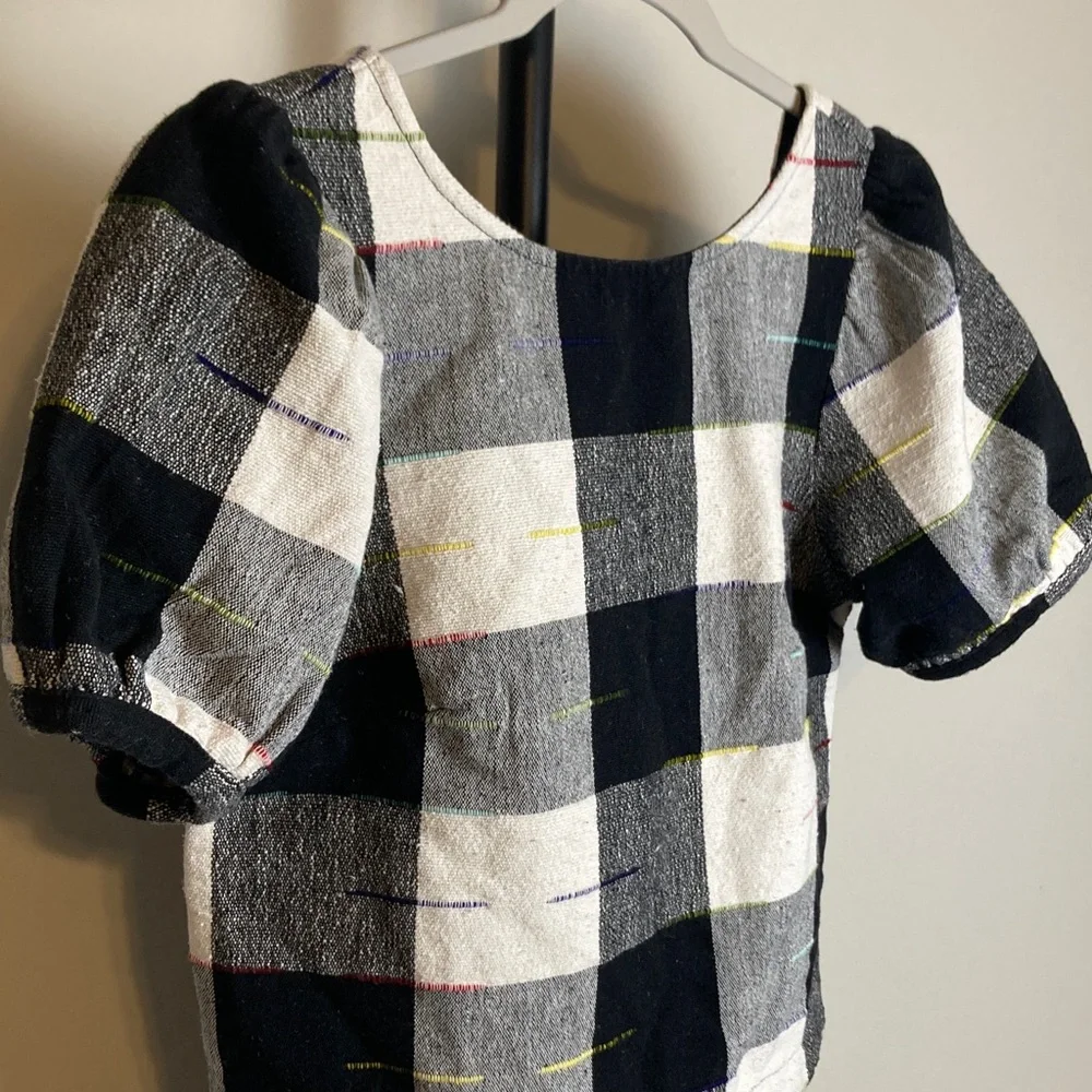 Anthro The Odells Top Gingham Buffalo Check Puff Sleeve Cotton Canvas Blouse XS